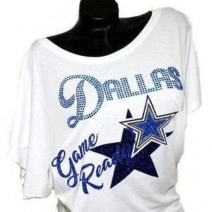 Dallas Game Ready White  Flowy Hi/Lo Top with Shiny Lettering and Crystals.